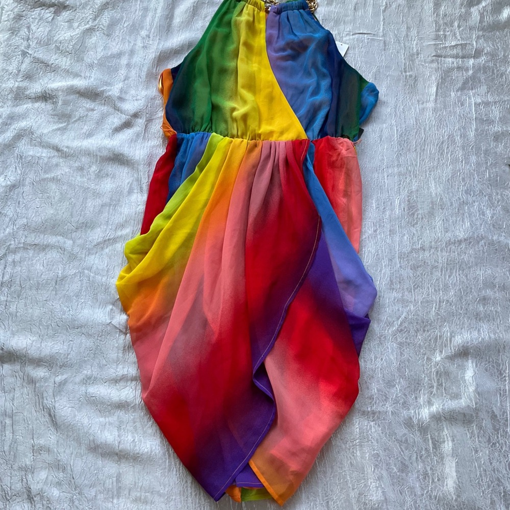 New York & Company Rainbow Ombre Halter Wrap Dress Gold Chain Neck Midi Sz M NWT - Picture 9 of 14